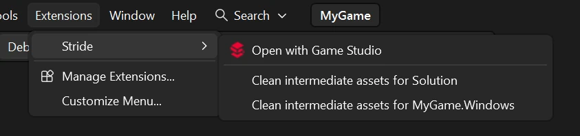 A picture showing the "Open in Game Studio" button in Visual Studio.